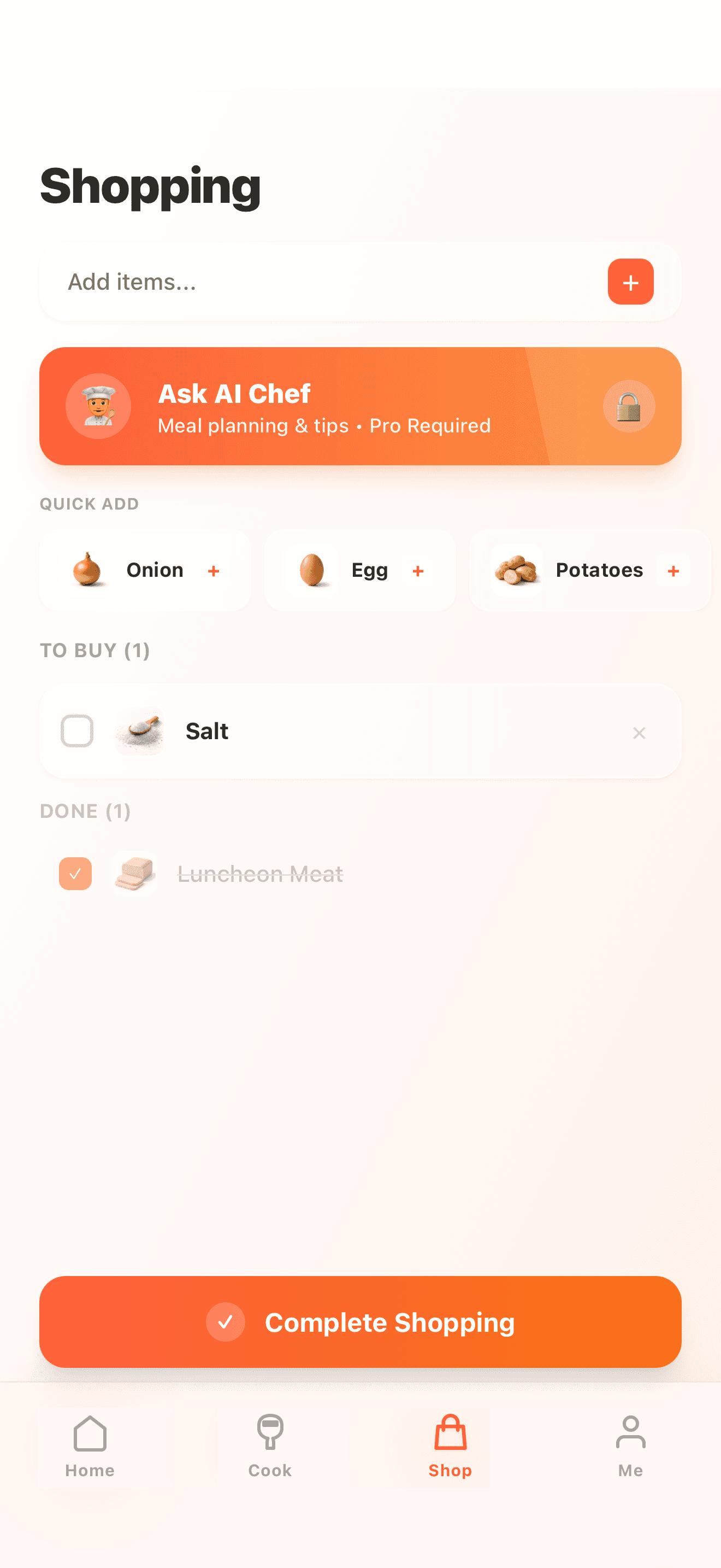 SnapCook 购物清单页面